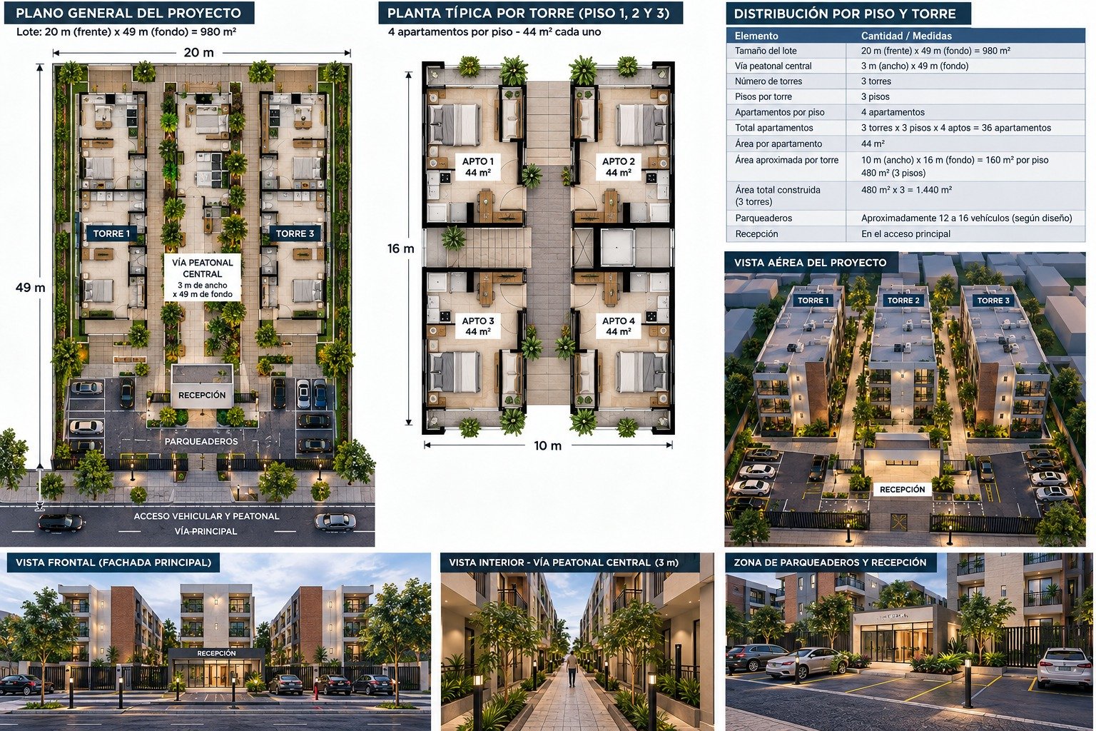 Diseño conceptual del proyecto habitacional COLMUNES con tres torres de apartamentos, vía peatonal central, recepción y parqueaderos
